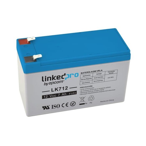 Batería 12 Vcc / 7 Ah / UL / Tecnología AGM-VRLA / Vida útil promedio 5 años / Para uso en equipo electrónico, Alarmas de Intrusión / Incendio / Control de acceso / Video Vigilancia / Terminales F1